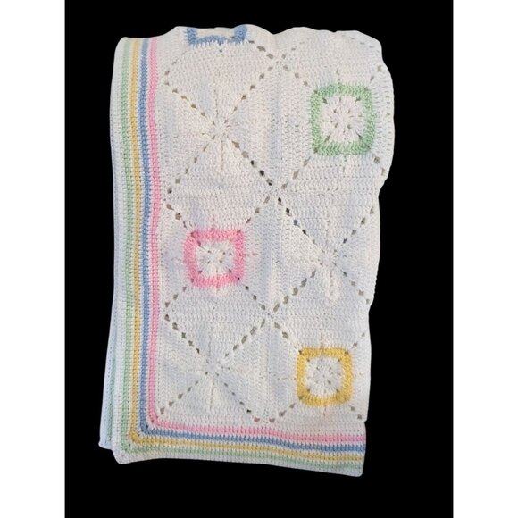 Handmade Crochet Baby Blanket Pastel Squares White  Color Accents  32.5 c 32 - Picture 1 of 8